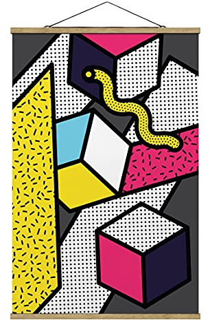 Stoffbild mit Posterleisten - Komposition Neo Memphis Punkte und Striche - 120cm x 80cm, Material: Eiche