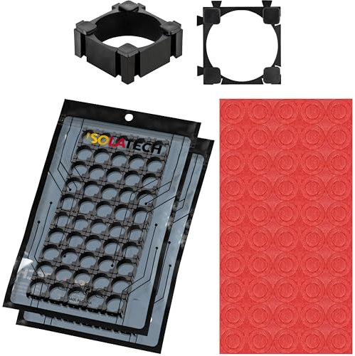 ISOLATECH Brackets für 18650 Lithium Ionen Akkus Batterie Halterung (Hier: 100 Stück) mit selbstklebenden Pluspol Isolierungsring Isolatoren in rot Set