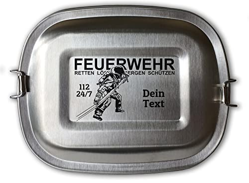 elbedruck Edelstahl Brotdose Lunchbox mit Gravur Feuerwehrmann mit Schlauch und Wunschgravur Dein Name personalisiert 3 Größen Freiwillige Feuerwehr (Lunchbox Feuerwehrmann mittel)