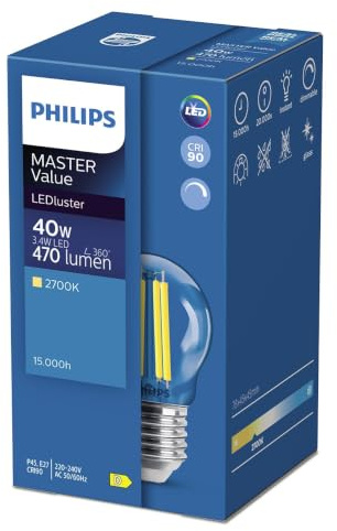 Philips Master Value LEDLuster D 3.4W (40W Equivalent) E27 P45 Clear 927 | Warm White 2700K | CRI 90+ | 470lm | Dimmable Filament Golf Ball Bulb | Energy Saving Decorative LED | Clear Glass Finish