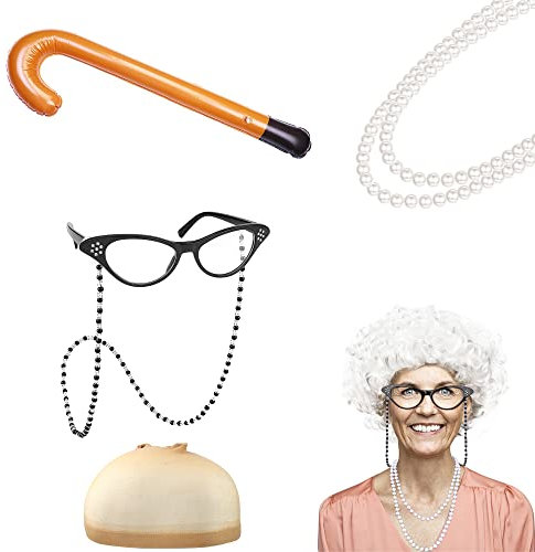 Finrezio 6 Teiliges Oma Perücke Kostüm Accessoire Set Alte-Dame-Kostüm Alte-Dame-Perücke Oma-Perücke Mütze Cane Oma Brille Kette Kordeln Perlen Halskette Weihnachten Halloween Party Bühne Cosplay