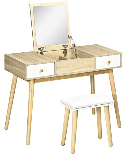 HOMCOM Coiffeuse avec Miroir et Tabouret, Table de Maquillage avec 2 tiroirs et Miroir Rabattable, Coussin rembourré, Bureau Coiffeuse, 100 x 45 x 118 cm, Naturel