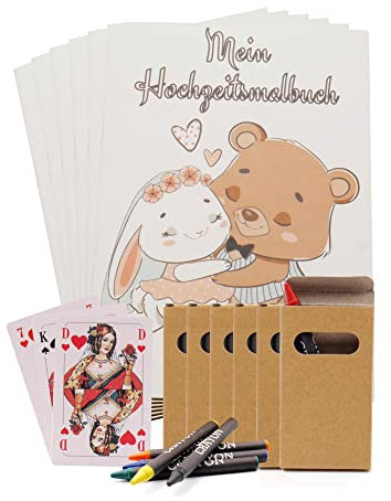 Hochzeitsmalbuch Set von BO LIFE®. Zur Beschäftigung der kleinen Hochzeitsgäste auf ihrer Hochzeit. 6x Malbücher, 6x 6 Wachsmalkreide und einem Kartenspiel.