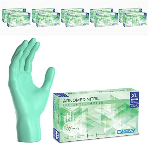 1000 Stk (10x100) ARNOMED Einweghandschuhe Grün, Einmalhandschuhe XL, Nitril Handschuhe Einweg, Nitrilhandschuhe puderfrei, Gummihandschuhe Einweg, Schutzhandschuhe, Handschuhe Nitril XS, S, M, L, XL