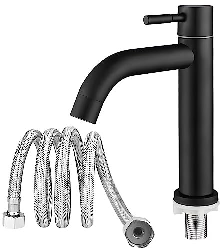 SLFYEE Robinet de salle de bains Robinet de lavabo Courbé Robinet d'eau froide Noir Robinet d'eau froide en acier inoxydable 304 pour cuisine Salle de bains