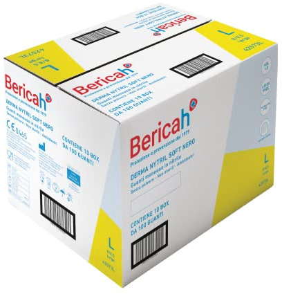 Bericah,Derma Nytril Soft Nero, Guanti in Nitrile,Senza Polvere, Taglia L, 10 box da 100 guanti