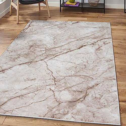 Teppich-Traum Modern-Abstrakter Marmor Kurzflor Teppich Schlafzimmer Allergiker-freundlich Oeko-TEX weich warm beige braun, 200 x 290 cm