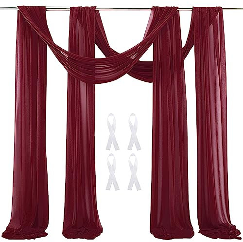 auons Hochzeit Bogen Sheer Vorhänge Hintergrund, 600x75cm Voile Vorhang Chiffon Drapierung, Tüllstoff Vorhänge Arbor Draperie für Hochzeitszeremonie Empfang Party Deckendekor, Weinrot, 2 Panels