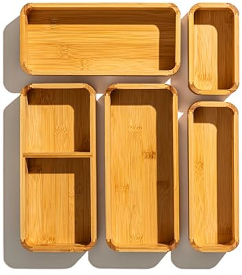 SMIRLY 5-Piece Bamboo Kitchen Drawer Organizer Set for Large and Small Utensils, Multi-use Storage Box - Bathroom, Nightstand, Jewelry, Cutlery, Knife, Spice, Towel, Junk Drawer Tray