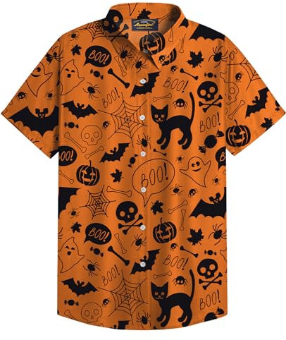 Mainfini Herren Halloween Hemd - Kürbis, Spinnennetz, Katze, Skelett, Knochen, Fledermaus - Knopfleiste - M