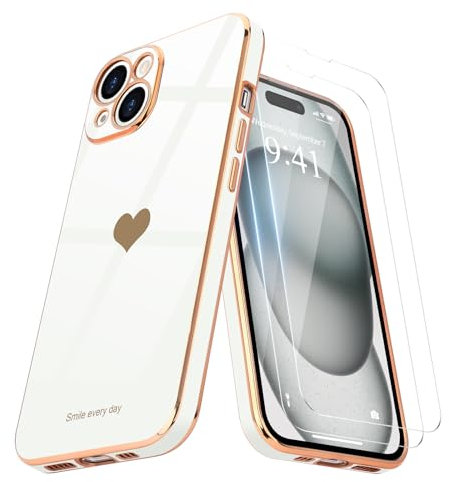 Teageo for iPhone 15 Plus Case with 2 Screen Protector Heart Pattern for Women Girls Luxury Bling Plating Soft TPU Anti-Scratch Shockproof Bumper Phone Case for iPhone 15 Plus, White