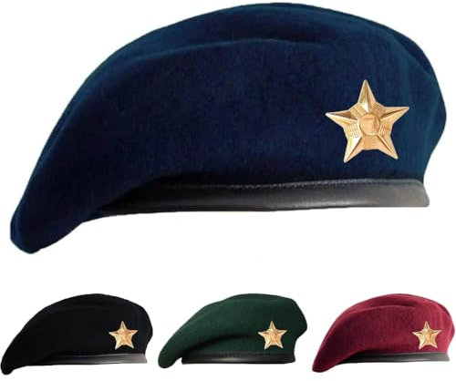 SILAK Kappe im traditionellen Armeestil mit Metall-Sternabzeichen, inspiriert von Che Guevara, französische Baskenmütze aus Wolle für Damen und Herren, Blau, Einheitsgr��e