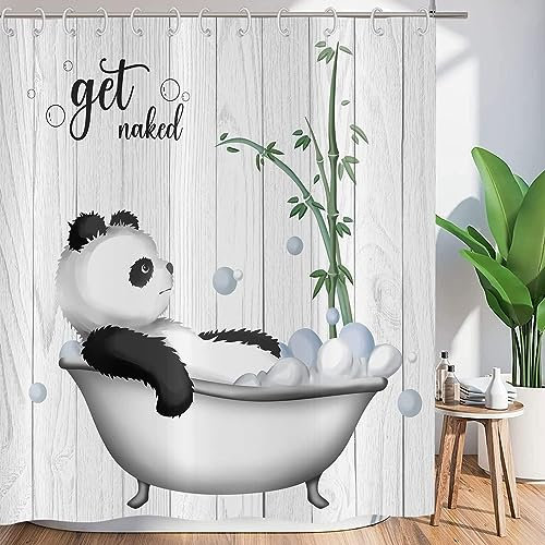 ASDCXZ Lustig Duschvorhang 240x180 cm (BxL), Panda nimmt EIN Bad in der Badewanne Lustig Weiß Waschbar Duschvorhänge Polyester Textil Wasserdicht Duschvorhang für Badewanne mit 12 Haken