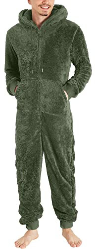 Pigiama Intero da Uomo in Caldo Peluche con Cerniera, Morbida Tuta da Notte con Cappuccio, in Pile, per Coppie, in Peluche Termico (XXL, Army Green)