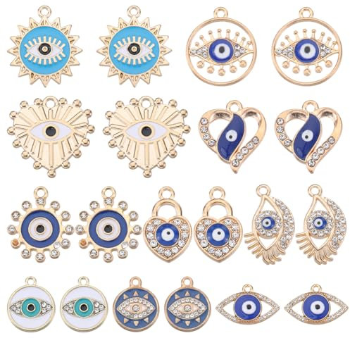 SUNNYCLUE 1 Box 40Pcs Rhinestone Eye Blue Enamel Golden Charm Bulk Micro Pave Cubic Zirconia Flat Round Heart Lock Charms for Jewellery Making DIY Craft Supplies