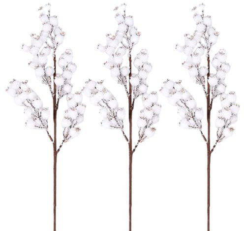 Tuelaly Rami di agrifoglio neve rami di bacche bianche innevate realistiche decorazioni natalizie natalizie fai da te artigianato bacche bianche artificiali 3 pezzi puntelli fotografici bianchi