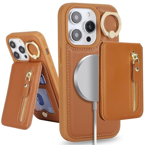 SailorTech iPhone 14 Pro Max Phone Leather Case with Credit Card Holder Magsafe, iPhone 14 Pro Max Case Ring Stand with Kickstand Card Slots Wallet Detachable 2-in-1 Zipper Case - Brown