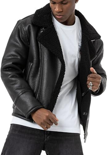 Redbridge Herren Kunst-Lederjacke Balboa Fliegerjacke Piloten Jacke Fellkragen Schwarz XL