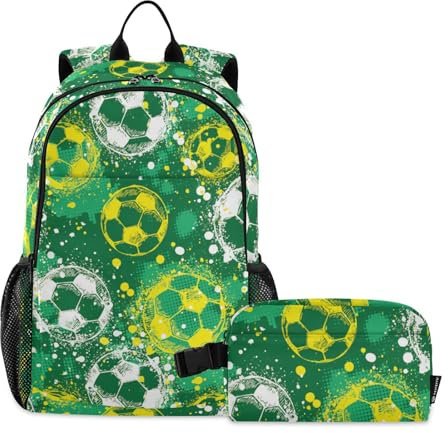 linqin Soccer Grunge Rucksack mit Lunchbox für Jungen und Jungen, Schulrucksack mit Lunchbox, Rucksack für Mädchen im Alter von 8–10 Jahren, Soccer Grunge, (11.8 x 6.3 x 18.5) + (9 x 5.1x 5.5),