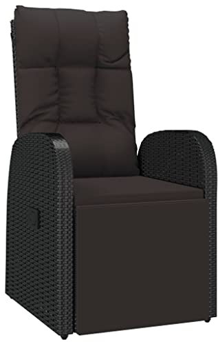 vidaXL Gartenstuhl, Gartensessel mit Liegefunktion Kissen, Stuhl Sessel Verstellbar Stahlrahmen, Gartenmöbel Relaxsessel, Schwarz Poly Rattan