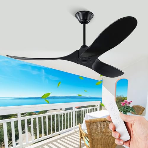 MSHENUED 60 inch Black Ceiling Fan Without light, Outdoor Ceiling Fan for Patio Waterproof, Modern Wood Propeller Ceiling Fan with remote, High CFM Reversible DC Motor for Porch farmhouse