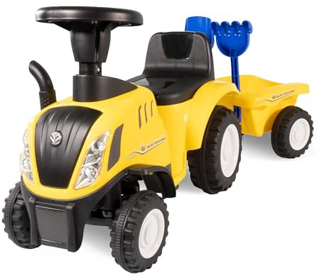 Rutschauto Traktor New Holland ab 1 Jahr | Kinderauto mit Anhänger | Rutschfahrzeug mit Schaufel und Rechen | Kinderfahrzeug in gelb | Rutscher mit Soundtasten und Licht | Lizenziertes Kinderspielzeug
