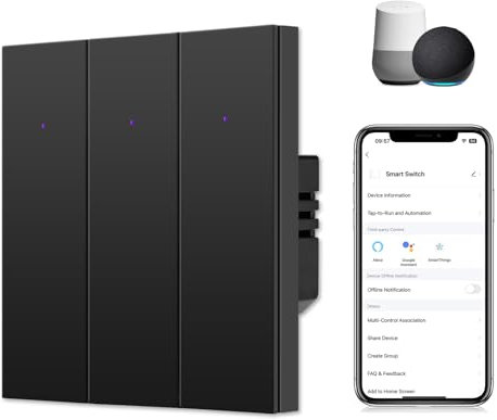 CNBINGO Interruptor de luz inteligente empotrado en negro – Interruptor de pared triple WiFi funciona con Alexa, Google Assistant – Interruptor WiFi con LED de estado – Control múltiple, temporizador,