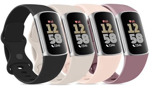 Vancle 4PACK Armbands für Fitbit Charge 6 / Fitbit Charge 5, Silikon Sport Weiches Ersatzarmband Uhrenarmband für Damen Herren (S, Schwarz/Starlight/Violett/Rosa)