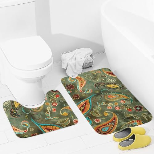 Badezimmerteppich-Set, 2-teilig, Grün und Senfgelb, saugfähige Mikrofaser-Badteppiche und U-förmiger Kontur-WC-Teppich, rutschfeste Badematten, Teppich für Badezimmer, Badewanne