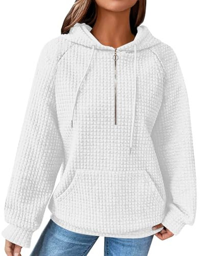Nquwgumh Kapuzenpullover für Damen, locker, leichter einfarbiger Pullover, karierter Reißverschluss, langärmelig, bedruckt, Hoodies, Sweatshirts für Damen, Übergröße, Pullover, 01-1-Weiß, L