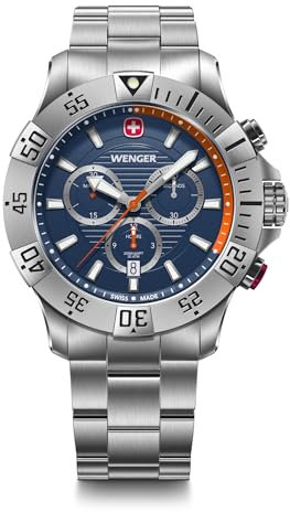 WENGER Herren Armbanduhr Seaforce Chronograph Ø 43 mm, Swiss Made, Analog Quarz, Wasserdicht bis 200 m, Edelstahl-Armband, Blau/Silber, 01.0643.125