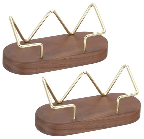 PATIKIL Porta Biglietti da Visita in Legno per Scrivania, 2 Pezzi Porta Biglietti da Visita da Tavolo Supporto Espositivo per Biglietti Visita Organizzatore, Colore Noce, Oro (Base Ovale)