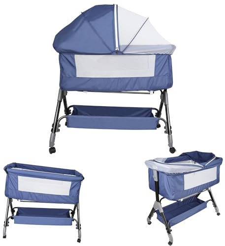 OHMG 3 in 1 Beistellbett,Babywiege,Reisebett, 4-stufig Höhenverstellbares Babybett neigbar,Kinderbett inkl. Matratze,Stubenwagen für Babys bis 9kg belastbar,4 Räder (Marineblau)
