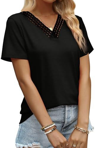 Aokosor T Shirts for Women Crochet V Neck Summer Tops Elegant Ladies Short Sleeve Basic Tees Black Size 14-16