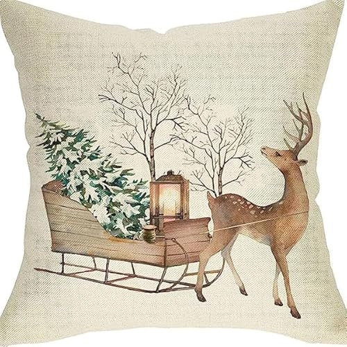 Kissenbezug 45x45 Braun Grün Hirsch Kissenbezüge Leinen Deko Kissen für Sofa Schlafzimmer Gartenbett Outdoor Kissen Waschbar Kissenhüllen Atmungsaktiv Kissenbezug