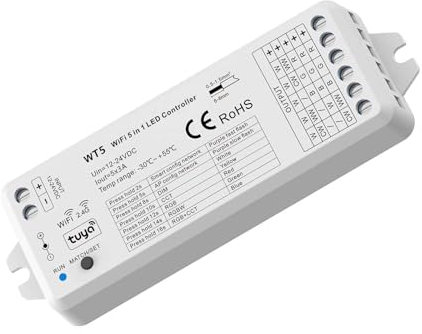 Planetitaly controller LED WT5 WiFi 2.4G per Strisce LED Faretti, Centralina dimmer RF 5CH 12-24V RGB CCT, RGBW, Smartphone, App, SMART, Controllo vocale, Controllo remoto, Compatibile Alexa Google