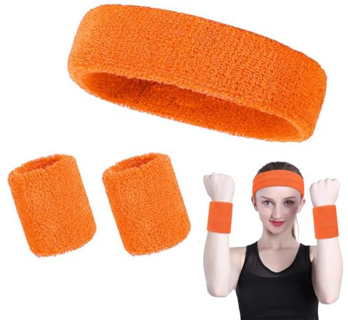 3 Stück Orange Sweat Towel Set, enthält 2 Armbänder und 1 Stirnband, geeignet für Männer und Frauen, Fitness Schweiß Wicking Stirnband Armband.