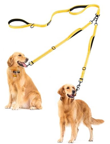 PetBonus Double Dog Leash, No Tangle Dual Leash, Reflective Walking Training Lead, 4 Comfortable Padded Handles for 2 Dogs with Collapsible Bowl and Waste Bags (Yellow, Large)