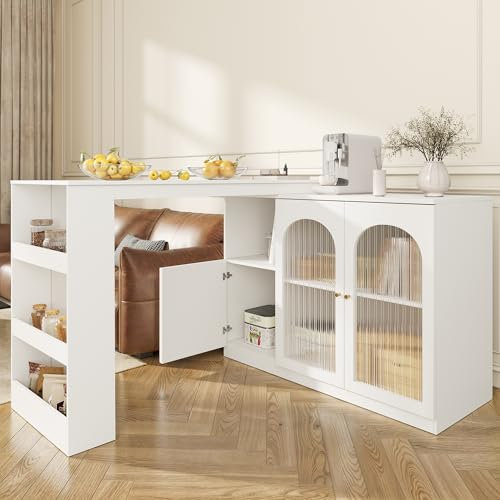 Merax 360° Rotating Bar Table with Glass Doors - Modern Black Multifunctional Dining & Bar Cabinet, Storage Cabinet Sideboard with Open Shelves, Closed Storage & Metal Handles - White