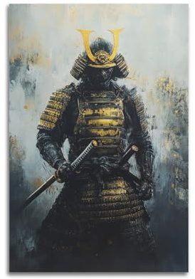 XHBKJA Ein auffälliger Samurai in aufwändiger Rüstung hält ein Katana-Poster auf Leinwand, Wandkunst, minimalistisches, modernes Wandbild, dekoratives Gemälde, hängendes Kunstwerk, 60 x 90 cm