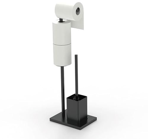 YUET Freestanding Toilet Roll Holders with Toilet Brush Free Standing Folding Paper Holder Stand Storage Stainless Steel Bathroom, Anti Rust Pedestal Free-Standing Dispenser Holds 3 (Black)