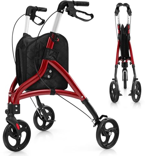 RELAX4LIFE Déambulateur 3 Roues Pliable Léger, Rollator 3 Roues Tout Terrain, Déambulateur Extérieur/Intérieur en Aluminium 5 KG, Portable, Poignée 86-96 CM, Panier, pour Adulte (Rouge)