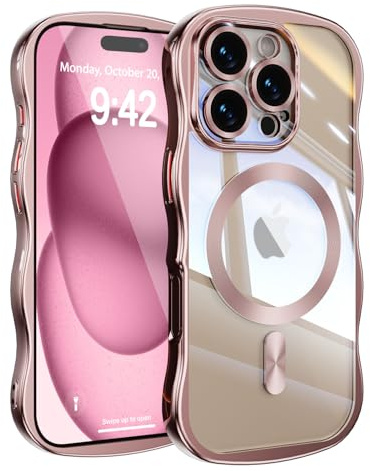 UEEBAI for iPhone 16 Pro Max Case, Cute Wave Translucent Frame Magnetic Phone Case Compatible with Magsafe Full Camera Protection Cover Soft Electroplated Phone Cover for Women Girls - Pink