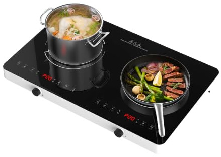 Double Induction Cooktop, 2 Burner Induction Burner 20 Temperature & Power Levels Portable Electric Stove Countertop Burners, Knob Control, Child Safety Lock & 4H Timer, Auto Shut-Off