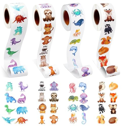 EUREKORA 2000 Stück Cartoon Aufkleberr Animal Sticker Tiere Rolle 32 Muster Belohnungssticker Tiermuster Stickers für Koffer Scrapbooking Journal Umschläge DIY Handwerk Geschenke(4 Rolle)