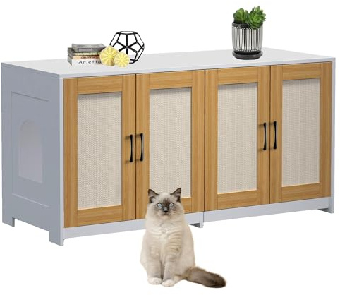 Double Cat Litter Box Cabinet for 2 Cats – Hidden Wooden Storage with Sisal Doors & Sliding Drawers – Can Double as TV Stand – Easy to Clean, Extra Storage – White