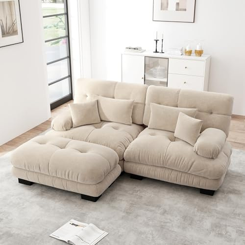 Muskel Modulares Cloud Ecksofa für Wohnzimmer, Chenille Doppelsofa mit Lendenkissen und Dekokissen, Polstersofa mit Breiten Armlehnen und Ottoman(Khaki, 2-Sitzer+1)