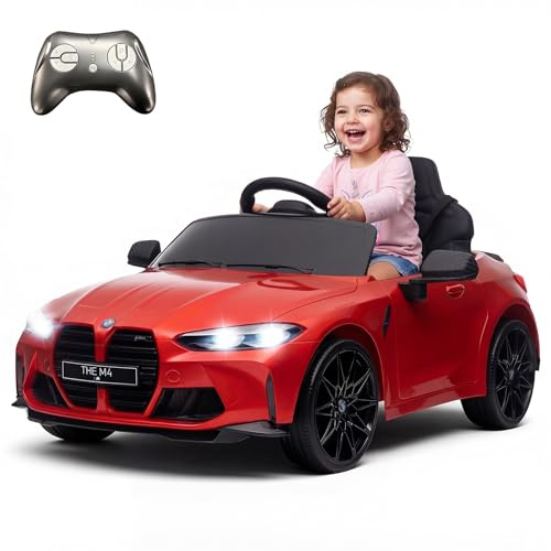 Elektrisches Kinderauto, kompatibel mit BMW M4, 12V mit Fernbedienung für Eltern, Federung, Griffbefestigung, Batteriebetriebenes Kinderauto mit LED-Leuchten, Musik, Sanftanlauf - (Rot)