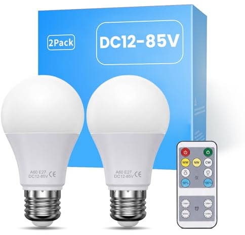 TrustWheel DC 12V LED Glühbirne E27 mit Fernbedienung 8W 500LM, 2-Pack | 3CCT Einstellungen 3000K-4000K-6000K & Dimmbar, Timer-Funktion, 8W Ersetzt 50W