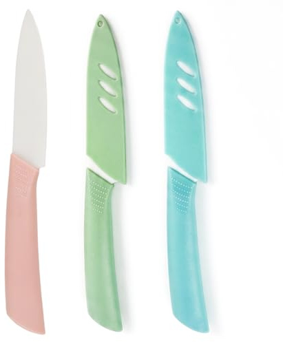 Sylkeov 3-teiliges Keramikmesser Set, 4-Zoll Schälmesser und Fruchtmesser mit Schutzhüllen, ergonomischem Griff und BPA-frei, ideal für Gemüse, Obst und Brot, Leichte, Blau, Rosa, Grün
